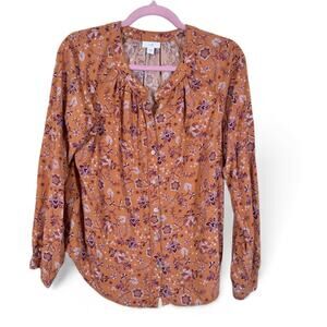 J Jill Orange Floral Long Sleeve Blouse Womens S Boho Fall Casual Classic Button